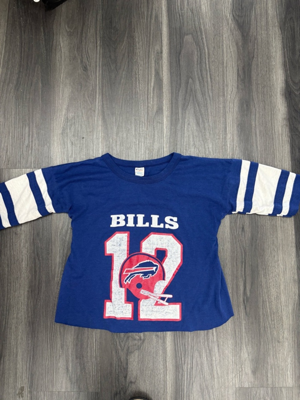 Vintage 90’s Buffalo Bills navy long sleeve crop #12 Jim Kelly XL Champion tag